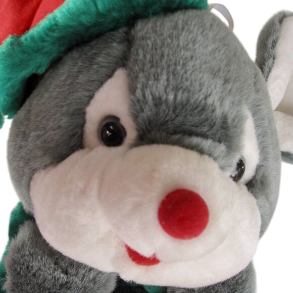 3D Plush Christmas Mouse Stocking Vintage 1980s 90s Red Green Gray 21"